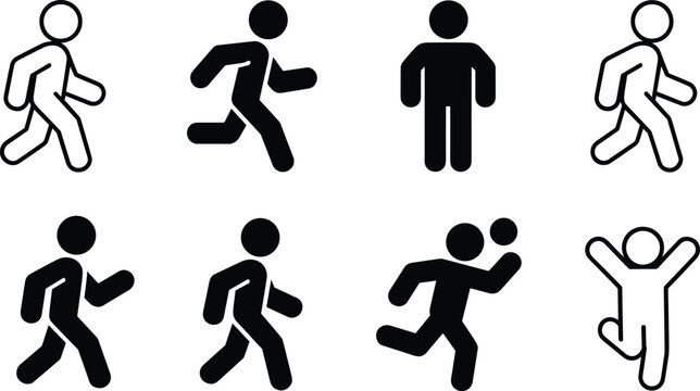 Walking And Running Man Vector Icon Set Human Figures Activity Fitness And Motion Symbols Collection