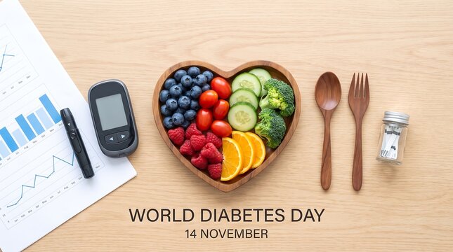 World Diabetes Day flat lay with heart bowl healthy food and glucometer