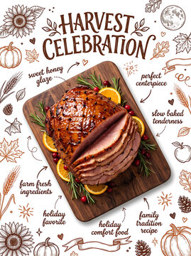 Sliced glazed holiday ham on wooden board with harvest celebration lettering