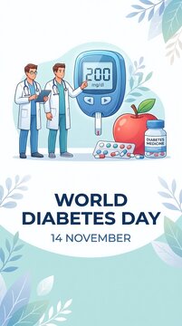 World Diabetes Day poster with doctors giant glucometer and apple