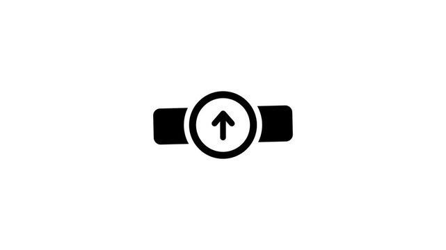 Black smartwatch icon with an upward arrow on the dial on white for wearable device update, upload, sync, fitness tracker and wrist gadget concepts