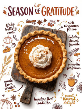Freshly baked pumpkin pie with whipped cream on rustic wooden board with autumn doodles