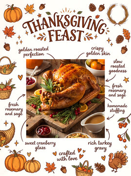 Roasted thanksgiving turkey with stuffing and gravy surrounded by autumn food doodles