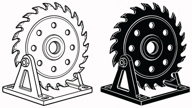Industrial Circular Saw Blade with Mounting Bracket &ndash; Black and White Outline and Silhouette Vector Icon