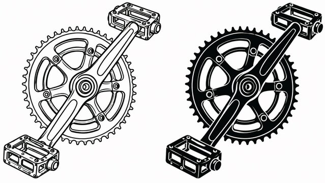 Vintage Bicycle Crankset with Chainring and Pedals &ndash; Black and White Outline and Silhouette Vector Icon