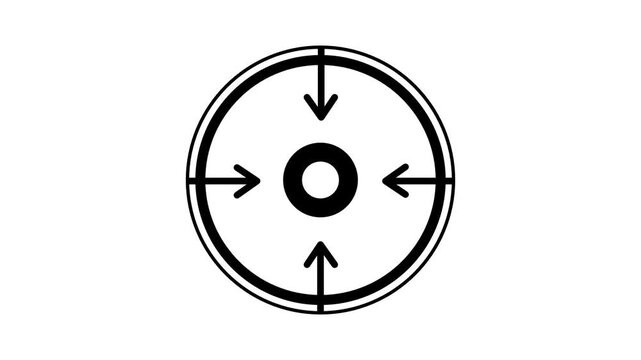 Black crosshair target icon with a double circle and four arrows pointing to the center on white for aim, focus, goal, precision and location concepts
