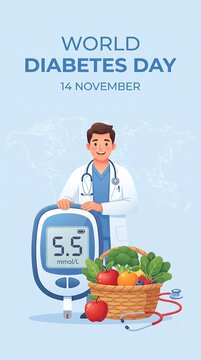 Male doctor with World Diabetes Day text poster and healthy food basket