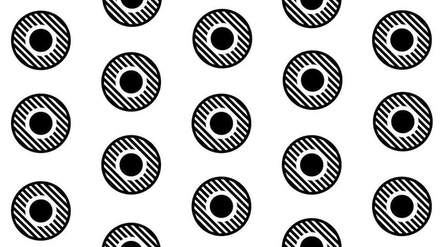 Seamless pattern of hatched circles with black center dots on a white background for textile, wallpaper, packaging and abstract decorative design