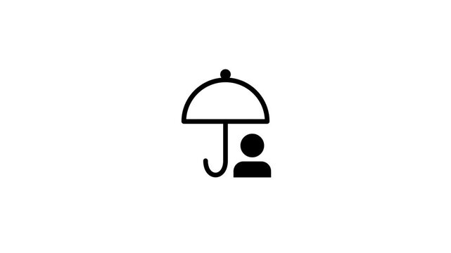 Black umbrella icon protecting a person silhouette on white for insurance, safety, security, life cover, protection and family care service concepts