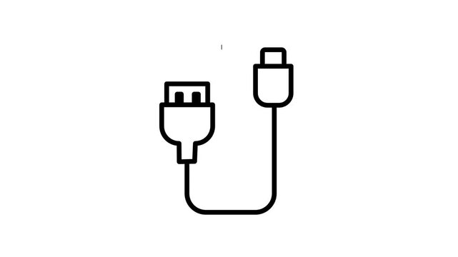Black outline USB cable with plug and connector on white for data transfer, charging, connection, computer accessory and device hardware concepts
