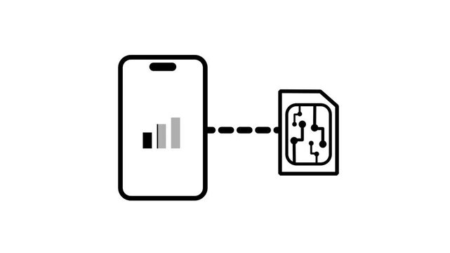 Smartphone with signal bars linked by a dashed line to a SIM card, black line icon on white for mobile network connection and SIM activation concepts