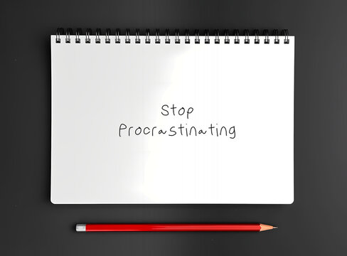Pencil with notebook on dark background written - Stop Procrastinating - means to quit delaying tasks and instead take action on them right away, and get things done