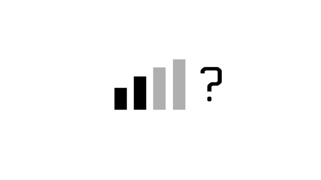 Signal strength bars with a question mark, black and gray icon on white background for unknown network status, weak reception and coverage concepts