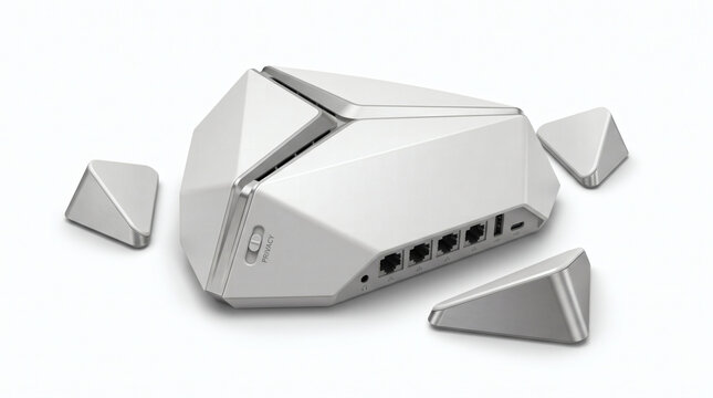 Futuristic white geometric tech device with faceted panels and ports on a clean background