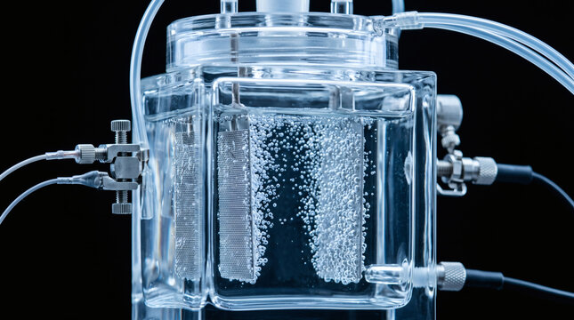 Laboratory Water Electrolysis Experiment Demonstrating Hydrogen Gas Production with Bubbles in Clear Glass Reactor