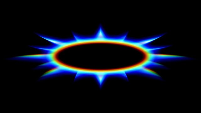 Glowing neon spiky ring with blue and orange gradient on black, abstract energy burst for eclipse, portal, sci fi effect and futuristic art concepts