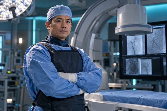 Professional interventional radiologist wearing sterile attire and lead protection in a modern fluoroscopy suite. High-technology medical portrait created with Generative AI.