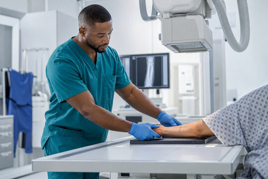 Male radiology technologist carefully positioning a patient's arm on a digital X-ray table in a clean examination room. Patient care scene created with Generative AI.