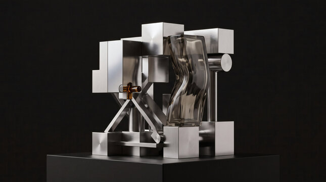 Abstract Geometric Sculpture Featuring Brushed Metallic Cubes and Translucent Glass Elements Displayed on a Modern Pedestal