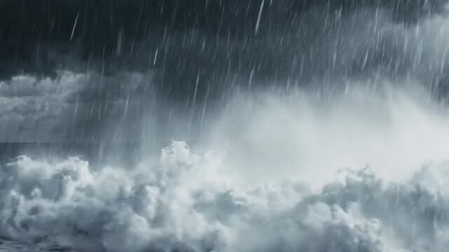 Powerful ocean waves breaking during heavy rainstorm
