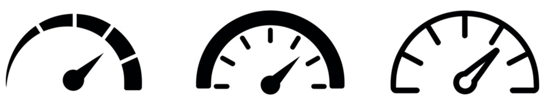 Speedometer gauge icon set featuring fast performance meter symbols, tachometer indicator signs, and dashboard velocity measurement graphics in solid and line black vector illustration isolated