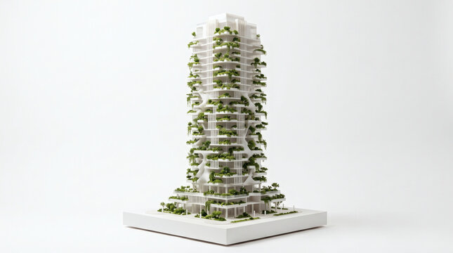 Architectural model of a modern sustainable skyscraper covered in lush green plants on white background