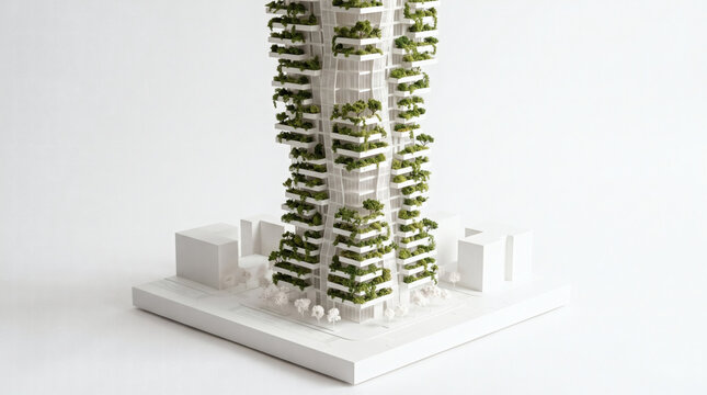 Scale Model of Futuristic Green Skyscraper Featuring Vertical Forest Gardens and Eco Friendly Sustainable Architecture