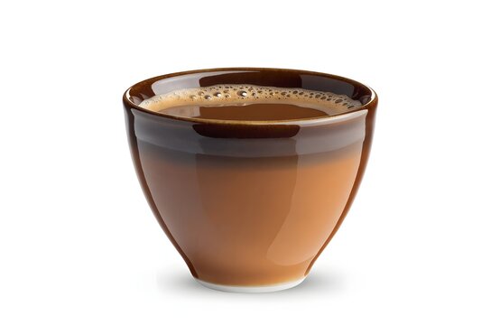Ceramic cup filled with fresh hot coffee on white background