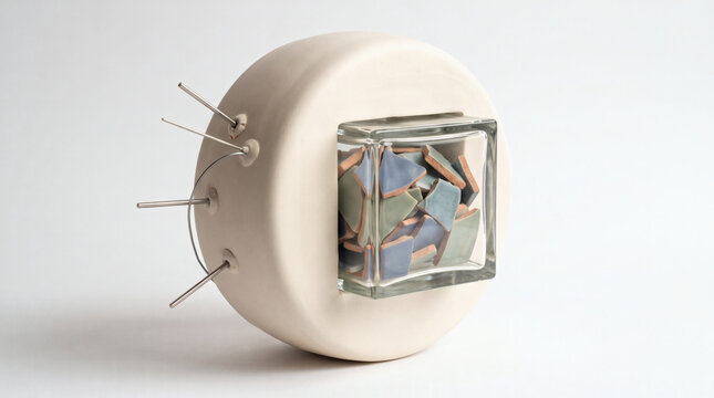 Contemporary ceramic sculpture featuring a smooth spherical form, contrasting with a glass insert filled with fragmented blue and green pottery shards, evoking themes of memory and containment