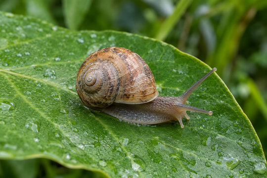 Snail Crawling on a Dew Covered Green Leaf in Nature
