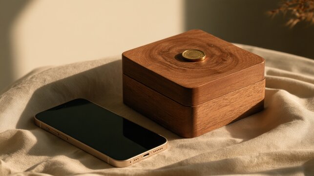 A smartphone rests beside a closed wooden keepsake box with a brass token on top, set against a soft cream wall in morning light.