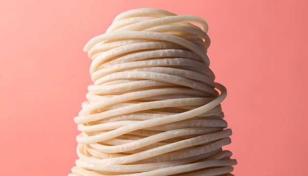 Stack of raw white noodles on a solid pastel pink background