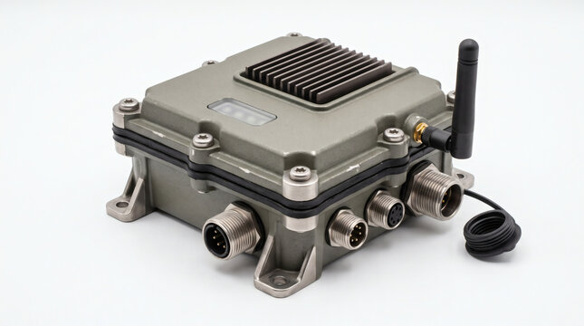 Rugged industrial electronic device with metal casing, cooling fins, and multiple connectivity ports on a white background