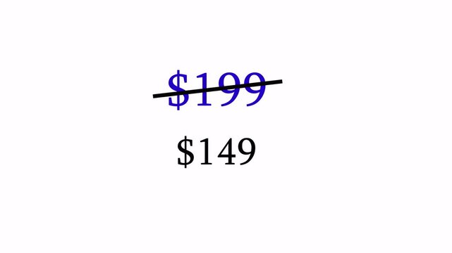 Animated Price cut strikethrough from 199 dollars to 149 dollars discount offer 4k animation with alpha channel price tag discount from 99 to 49 animated on transparent background