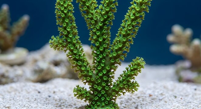 Ultra-sharp macro of vibrant neon green branching soft coral colony on clear aragonite sand bed
