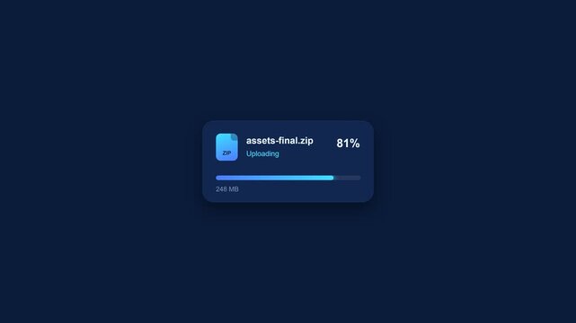animation of a zip file upload progress bar interface on dark background