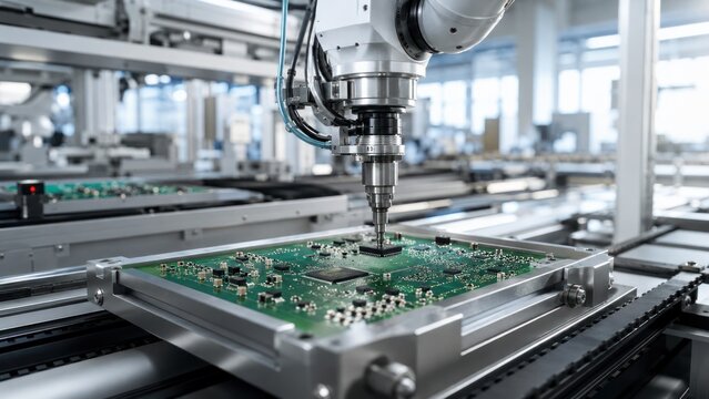 Robotic arm working on a circuit board in a modern factory setting. The robotic arm precisely places a component on the green circuit board, highlighting automation and technology.