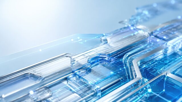 Close up abstract view of a futuristic digital circuit board with glowing blue light pathways and complex geometric patterns, symbolizing technology and data flow