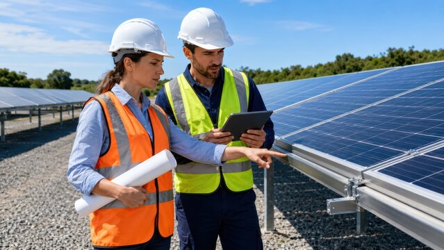 Two engineers in hard hats and safety vests are inspecting solar panels, discussing their work on a tablet