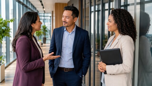 Three business professionals in a modern office hallway, engaged in a discussion. The man in the center wears a blue suit, while the women are dressed in professional attire, one holding a tablet.