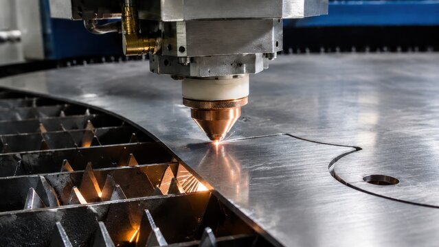 Laser cutting a metal sheet with precision and sparks flying. The laser head is focused on the material, creating an intricate design