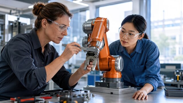 Two women engineers working on a robotic arm in a modern laboratory. One woman is adjusting a component on the arm, while the other observes attentively. Both are wearing safety glasses and workwear.