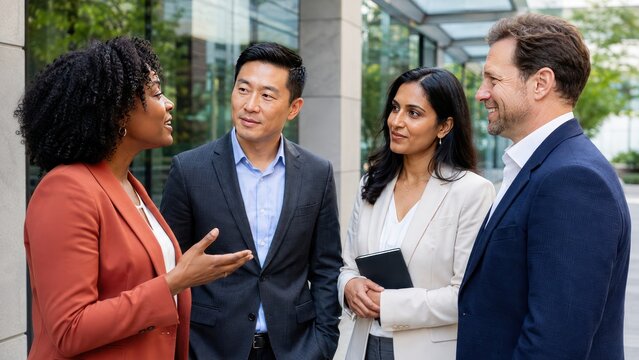 A diverse group of four professionals in business attire engaging in a discussion outside a modern building. One woman, facing left, gestures with her hand as she speaks to a man with dark hair.