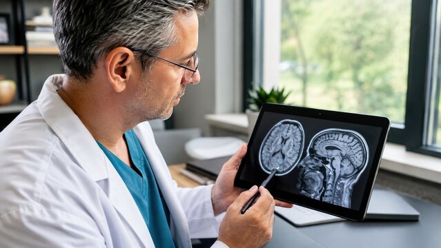 A doctor in a lab coat points to a digital tablet displaying a human brain MRI scan. The doctor is focused on the scan, which shows cross-sections of the brain.
