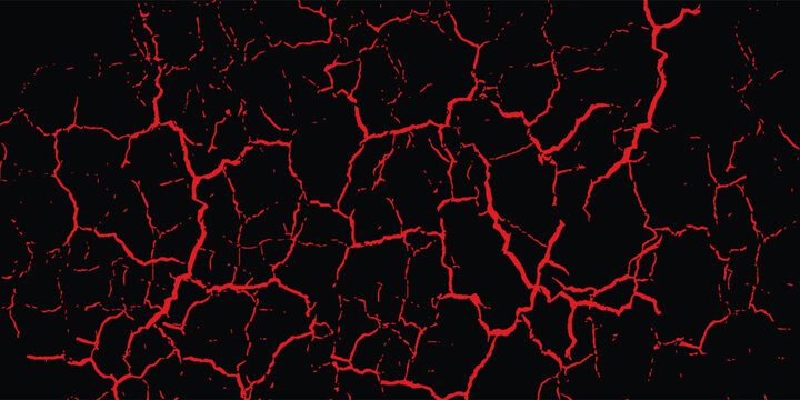 Abstract black background with red cracked texture. Minimalist ground fissure or volcanic magma lava crust crack patterns. Elegant horror, grunge, or dry land soil vector illustration.
