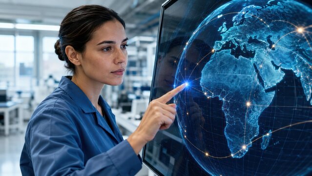 A scientist analyzing a glowing digital globe with a finger touch, indicating a global network or data visualization. The scene suggests technological advancement and research