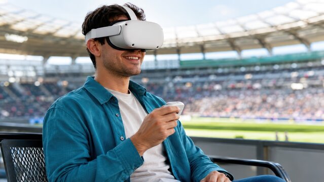 A smiling man wearing a virtual reality headset and holding a controller, sits in a stadium and enjoys an immersive experience