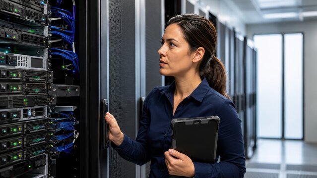 A woman in a dark blue shirt holding a tablet examines servers in a data center. She is wearing a dark blue shirt and has a tablet in her right hand. Her left hand is touching a server.