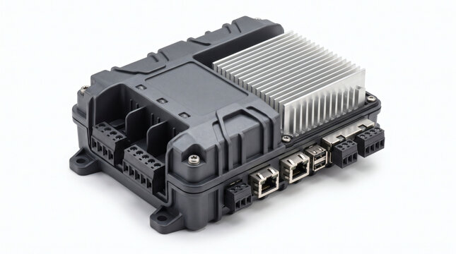 Compact rugged embedded computer unit featuring extensive connectivity options and efficient passive cooling, designed for industrial automation and edge computing applications