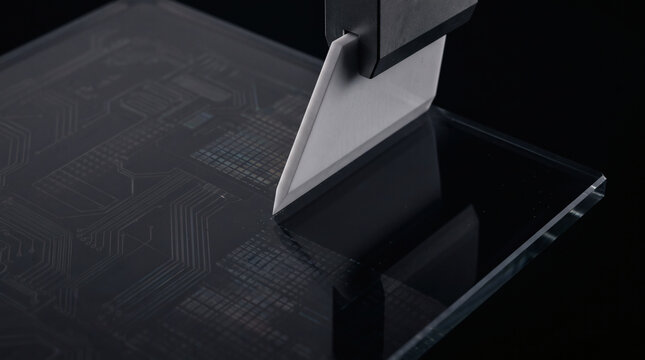 Precision cutting of a microchip using a sharp industrial blade, highlighting intricate electronic pathways and reflective surface